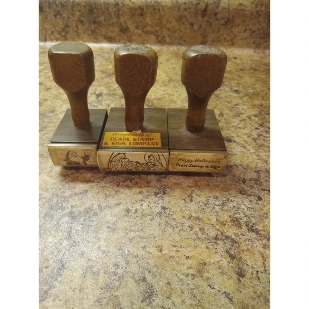Vintage Pearl Stamp & Sign Co Wood Rubber Stamps Santa Nativity Halloween 3pc